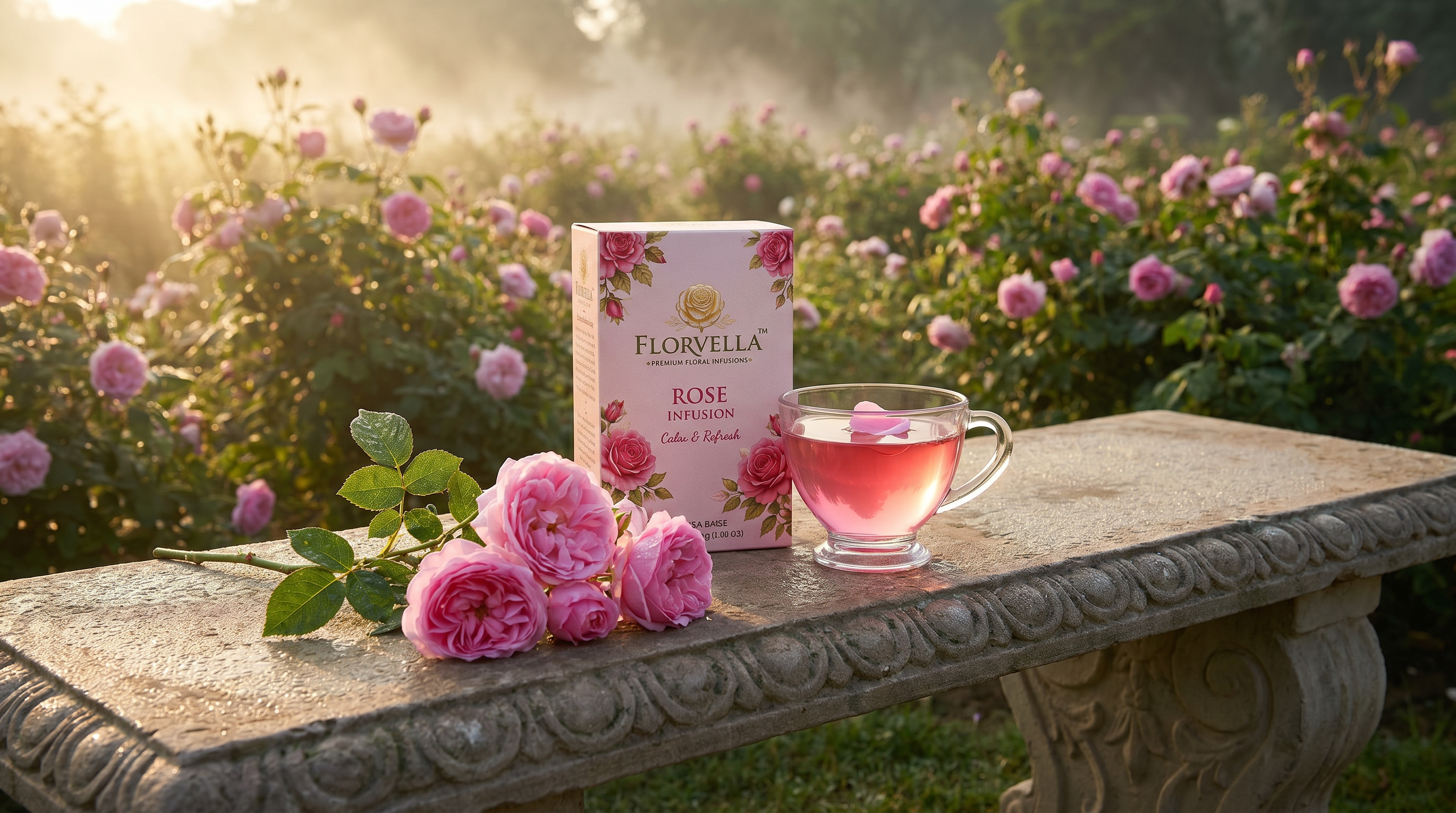 A stone garden bench with a Florvella Rose Bloom carton and a glass teacup, dew-wet damask roses in bloom around it.