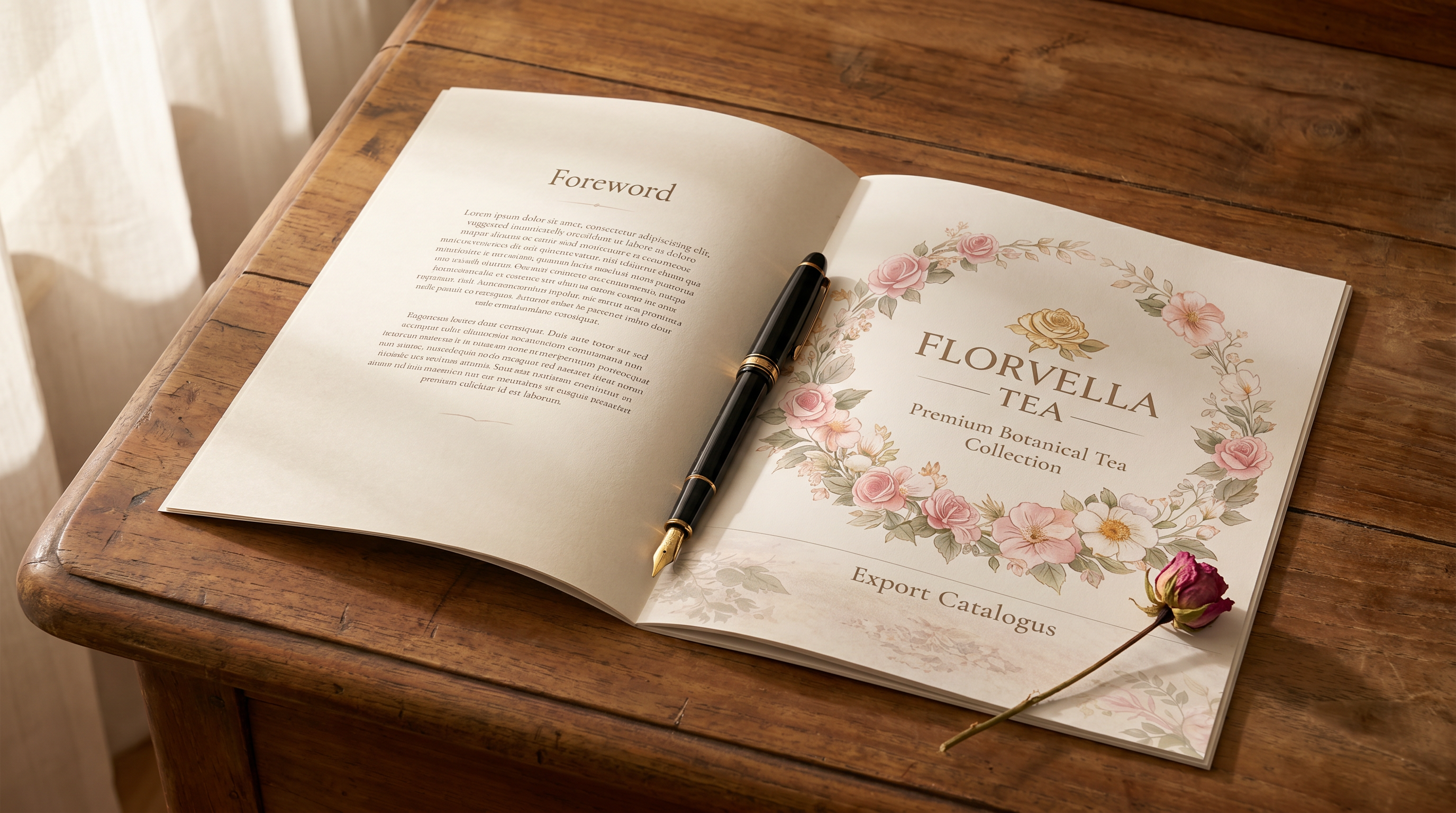 The Florvella export catalogue, open on a teak desk with a fountain pen across the spine.